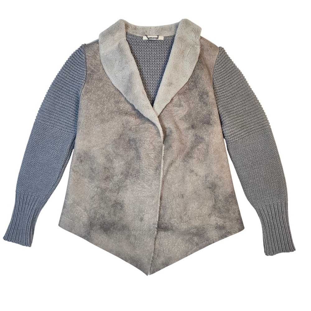 AMS PURE Grey Faux Shearling Knit Cardigan‎ Jacket Shawl Collar Asymmetrical Hem